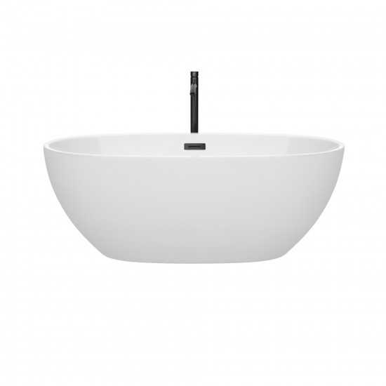 63 Inch Freestanding Bathtub in White, Floor Mounted Faucet, Drain, Trim in Black