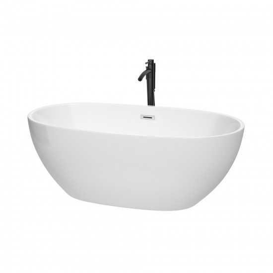 63 Inch Freestanding Bathtub in White, Chrome Trim, Floor Mounted Faucet in Black