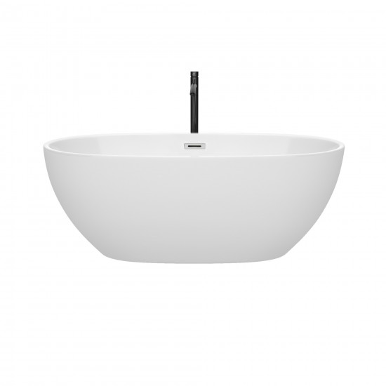 63 Inch Freestanding Bathtub in White, Chrome Trim, Floor Mounted Faucet in Black