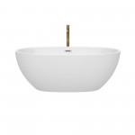 63 Inch Freestanding Bathtub in White, Chrome Trim, Floor Mounted Faucet in Gold