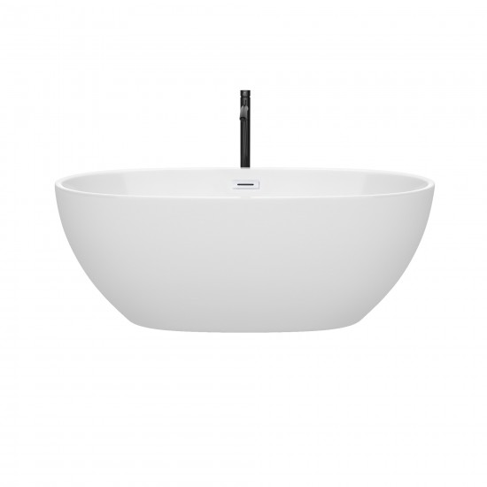 63 Inch Freestanding Bathtub in White, White Trim, Floor Mounted Faucet in Black
