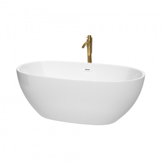 63 Inch Freestanding Bathtub in White, White Trim, Floor Mounted Faucet in Gold