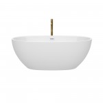 63 Inch Freestanding Bathtub in White, White Trim, Floor Mounted Faucet in Gold