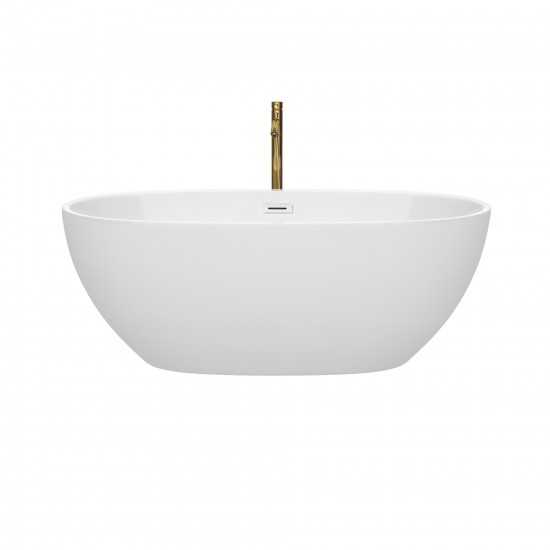 63 Inch Freestanding Bathtub in White, White Trim, Floor Mounted Faucet in Gold