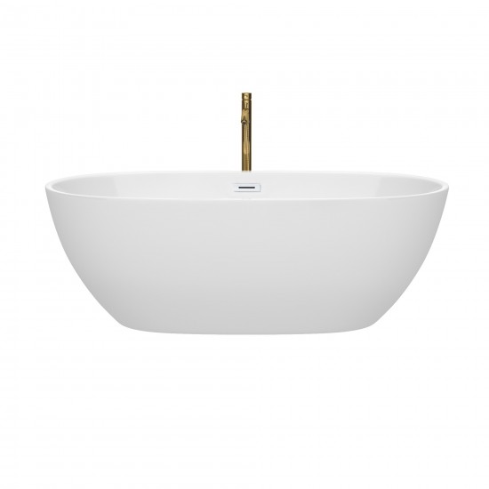 67 Inch Freestanding Bathtub in White, White Trim, Floor Mounted Faucet in Gold