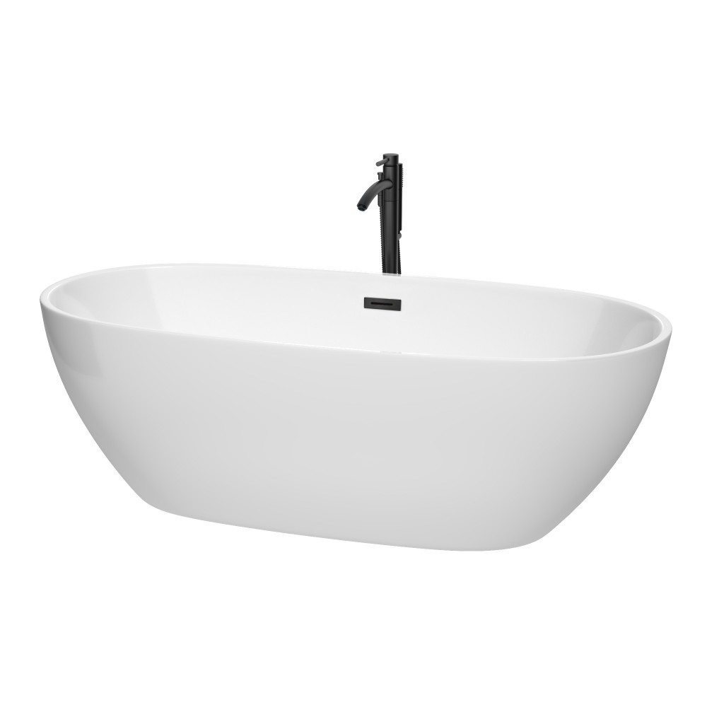 71 Inch Freestanding Bathtub in White, Floor Mounted Faucet, Drain, Trim in Black 71 Inch Freestanding Bathtub in White, Floor Mounted Faucet, Drain, Trim in Black