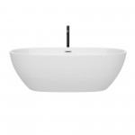 71 Inch Freestanding Bathtub in White, Chrome Trim, Floor Mounted Faucet in Black