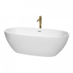 71 Inch Freestanding Bathtub in White, Chrome Trim, Floor Mounted Faucet in Gold