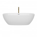 71 Inch Freestanding Bathtub in White, Chrome Trim, Floor Mounted Faucet in Gold