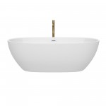 71 Inch Freestanding Bathtub in White, White Trim, Floor Mounted Faucet in Gold