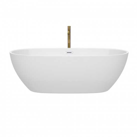 71 Inch Freestanding Bathtub in White, White Trim, Floor Mounted Faucet in Gold