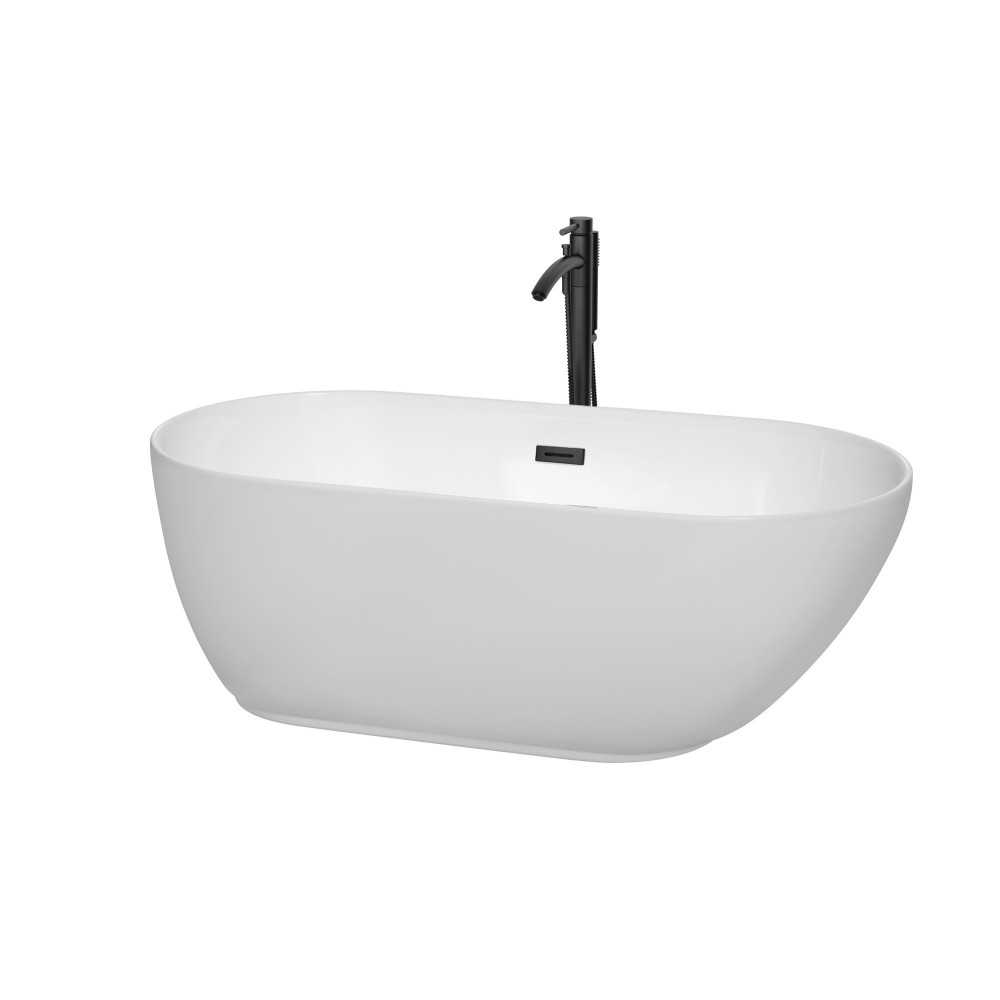 60 Inch Freestanding Bathtub in White, Floor Mounted Faucet, Drain, Trim in Black