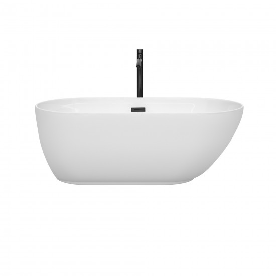 60 Inch Freestanding Bathtub in White, Floor Mounted Faucet, Drain, Trim in Black