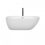 60 Inch Freestanding Bathtub in White, Chrome Trim, Floor Mounted Faucet in Black