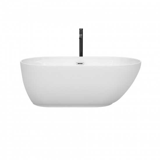 60 Inch Freestanding Bathtub in White, Chrome Trim, Floor Mounted Faucet in Black