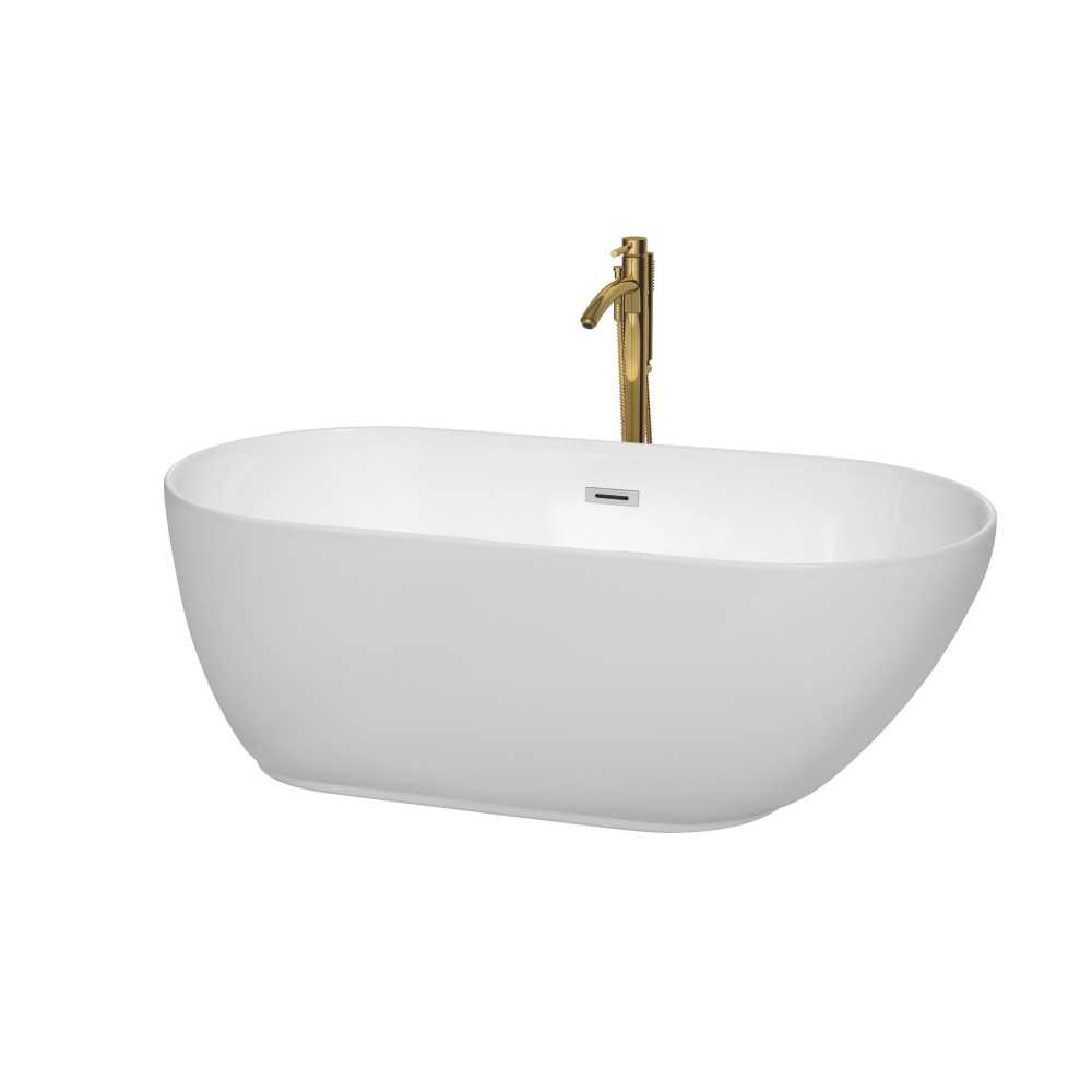 60 Inch Freestanding Bathtub in White, Chrome Trim, Floor Mounted Faucet in Gold 60 Inch Freestanding Bathtub in White, Chrome Trim, Floor Mounted Faucet in Gold