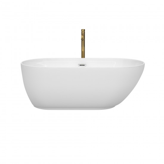 60 Inch Freestanding Bathtub in White, Chrome Trim, Floor Mounted Faucet in Gold