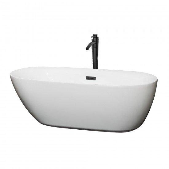 65 Inch Freestanding Bathtub in White, Floor Mounted Faucet, Drain, Trim in Black