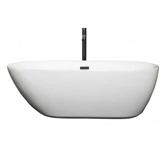 65 Inch Freestanding Bathtub in White, Floor Mounted Faucet, Drain, Trim in Black