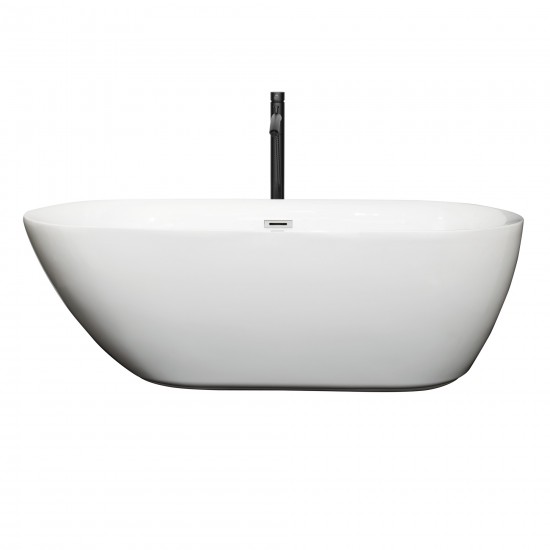 65 Inch Freestanding Bathtub in White, Chrome Trim, Floor Mounted Faucet in Black