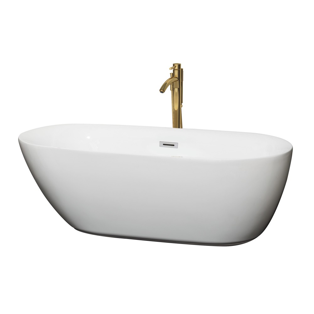 65 Inch Freestanding Bathtub in White, Chrome Trim, Floor Mounted Faucet in Gold 65 Inch Freestanding Bathtub in White, Chrome Trim, Floor Mounted Faucet in Gold