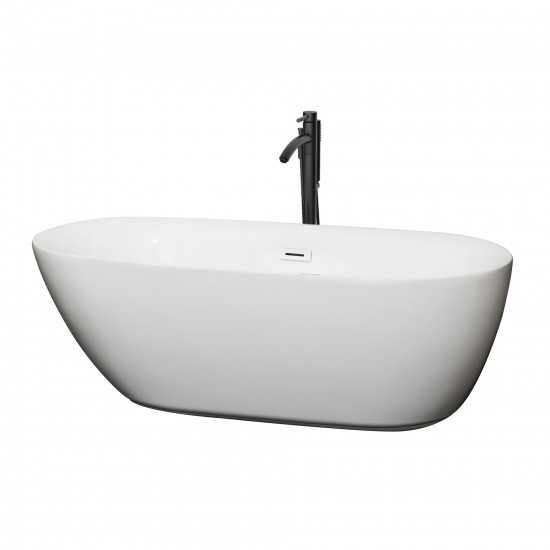 65 Inch Freestanding Bathtub in White, White Trim, Floor Mounted Faucet in Black