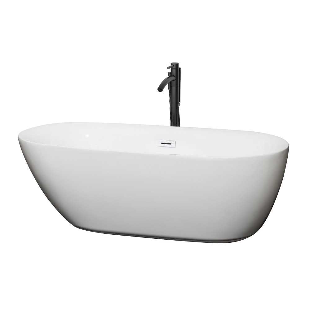 65 Inch Freestanding Bathtub in White, White Trim, Floor Mounted Faucet in Black 65 Inch Freestanding Bathtub in White, White Trim, Floor Mounted Faucet in Black