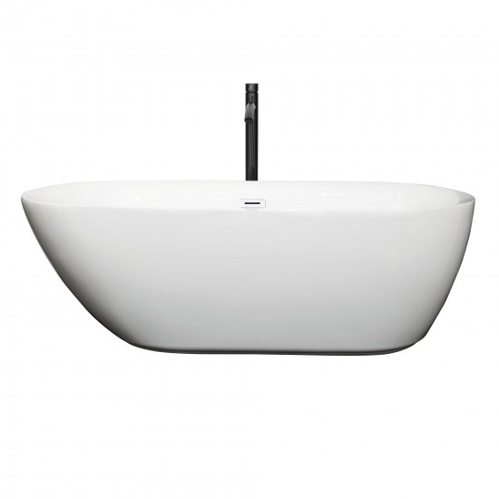 65 Inch Freestanding Bathtub in White, White Trim, Floor Mounted Faucet in Black