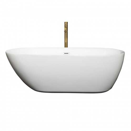 65 Inch Freestanding Bathtub in White, White Trim, Floor Mounted Faucet in Gold