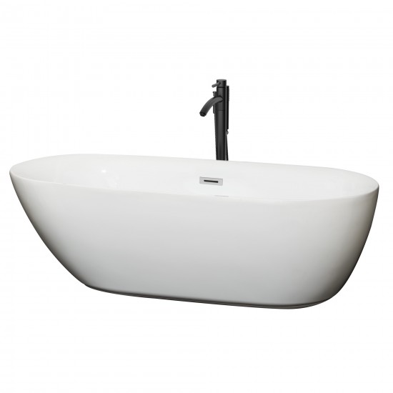 71 Inch Freestanding Bathtub in White, Chrome Trim, Floor Mounted Faucet in Black