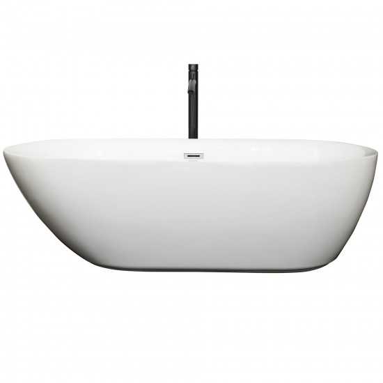 71 Inch Freestanding Bathtub in White, Chrome Trim, Floor Mounted Faucet in Black