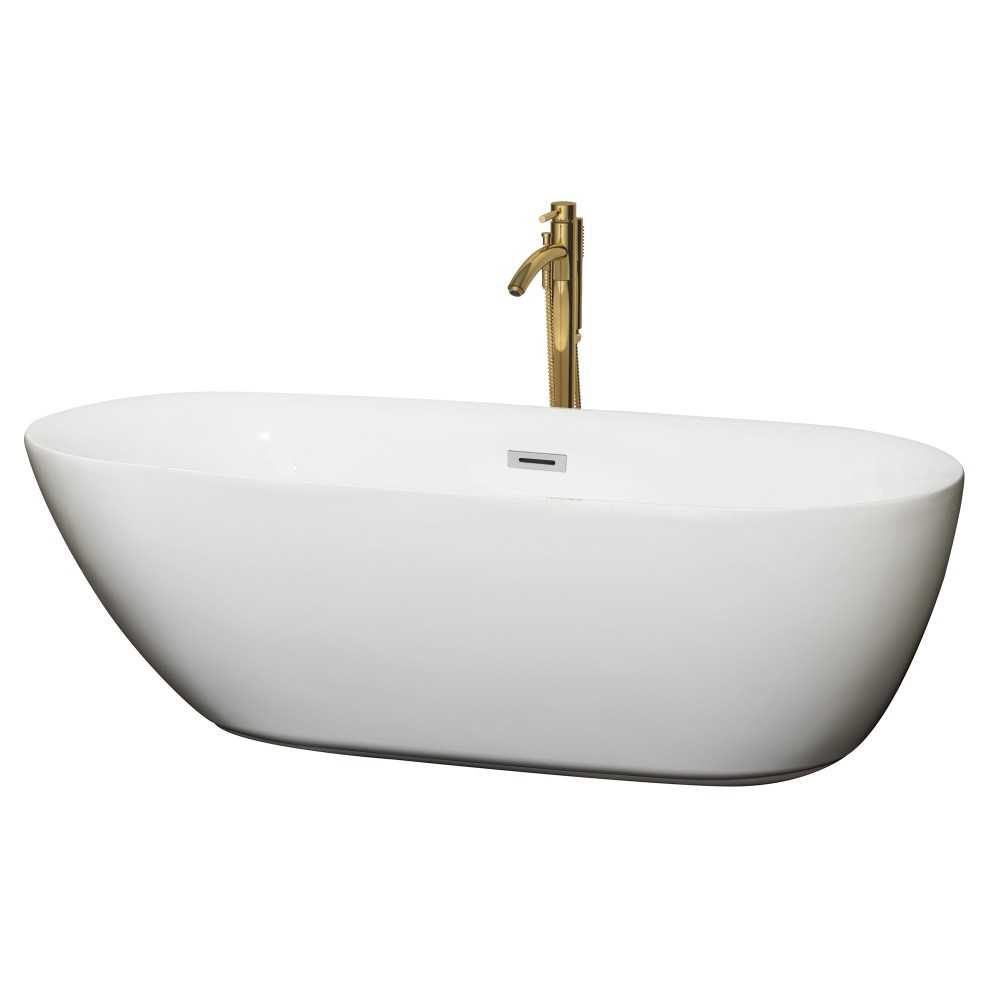 71 Inch Freestanding Bathtub in White, Chrome Trim, Floor Mounted Faucet in Gold