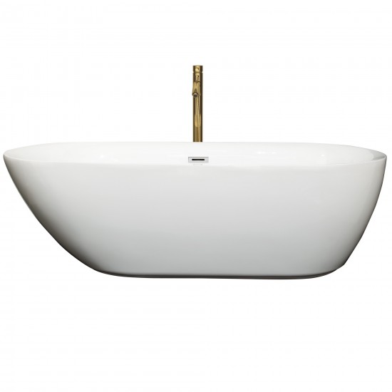 71 Inch Freestanding Bathtub in White, Chrome Trim, Floor Mounted Faucet in Gold