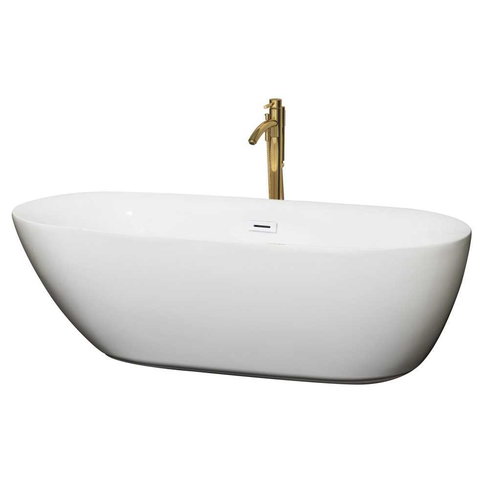 71 Inch Freestanding Bathtub in White, White Trim, Floor Mounted Faucet in Gold 71 Inch Freestanding Bathtub in White, White Trim, Floor Mounted Faucet in Gold