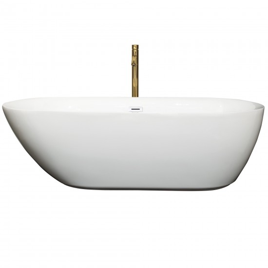 71 Inch Freestanding Bathtub in White, White Trim, Floor Mounted Faucet in Gold