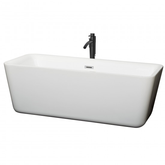 69 Inch Freestanding Bathtub in White, Chrome Trim, Floor Mounted Faucet in Black