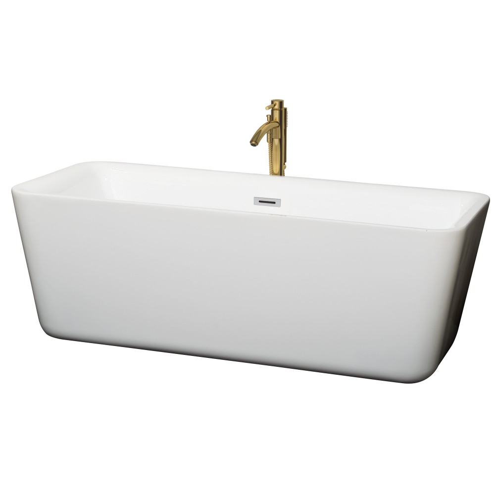 69 Inch Freestanding Bathtub in White, Chrome Trim, Floor Mounted Faucet in Gold