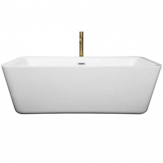 69 Inch Freestanding Bathtub in White, Chrome Trim, Floor Mounted Faucet in Gold