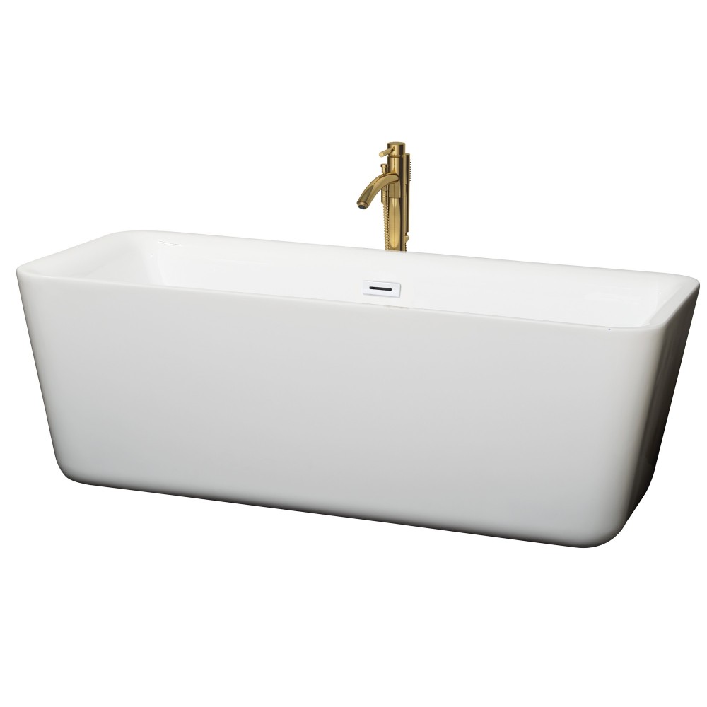 69 Inch Freestanding Bathtub in White, White Trim, Floor Mounted Faucet in Gold