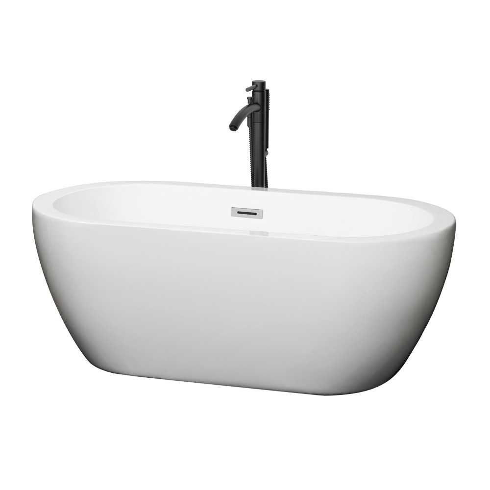 60 Inch Freestanding Bathtub in White, Chrome Trim, Floor Mounted Faucet in Black