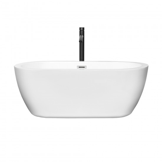 60 Inch Freestanding Bathtub in White, Chrome Trim, Floor Mounted Faucet in Black
