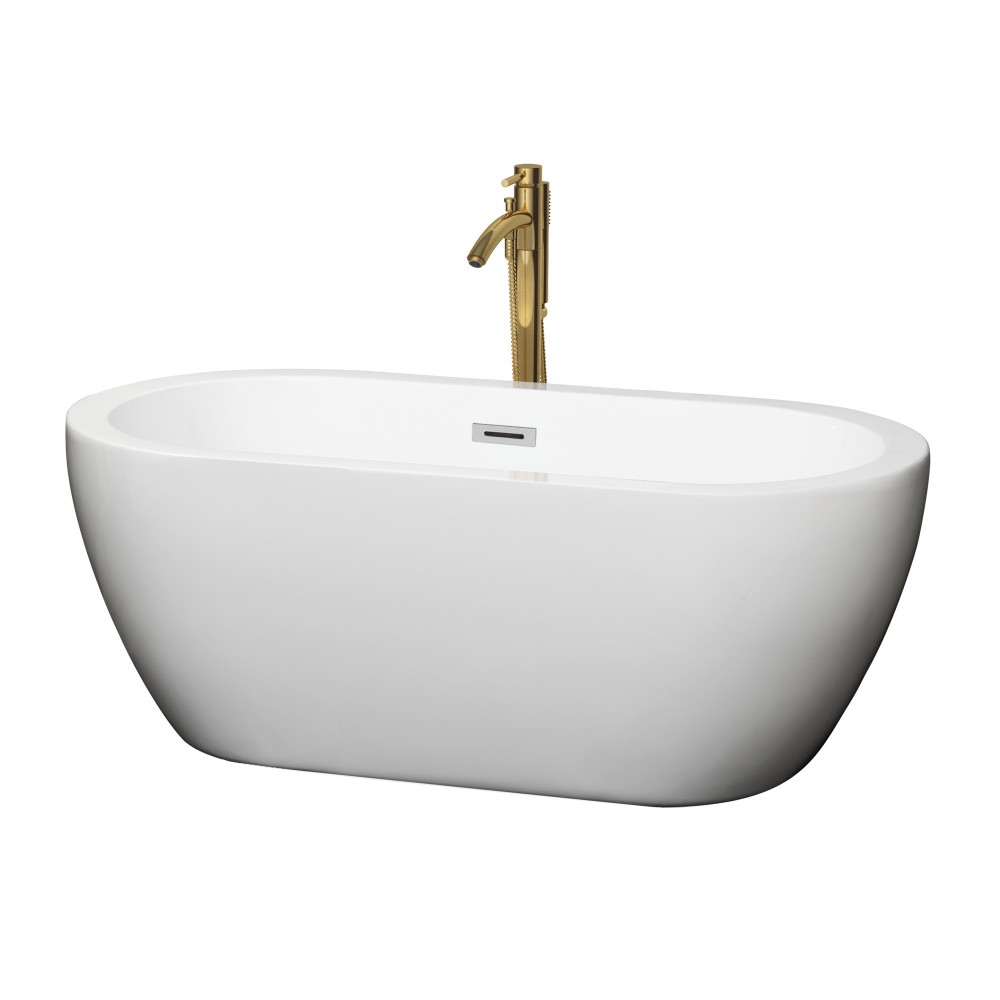 60 Inch Freestanding Bathtub in White, Chrome Trim, Floor Mounted Faucet in Gold