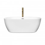 60 Inch Freestanding Bathtub in White, Chrome Trim, Floor Mounted Faucet in Gold