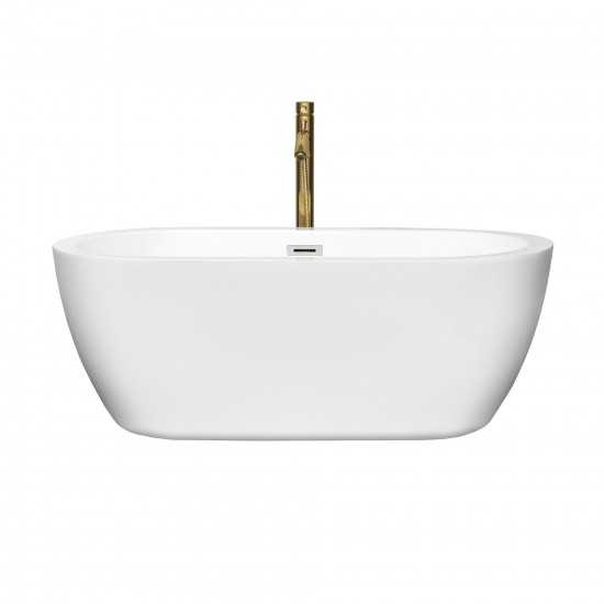 60 Inch Freestanding Bathtub in White, Chrome Trim, Floor Mounted Faucet in Gold