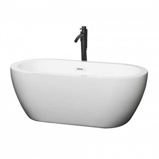 60 Inch Freestanding Bathtub in White, White Trim, Floor Mounted Faucet in Black