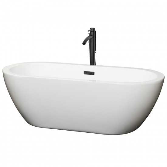 68 Inch Freestanding Bathtub in White, Floor Mounted Faucet, Drain, Trim in Black