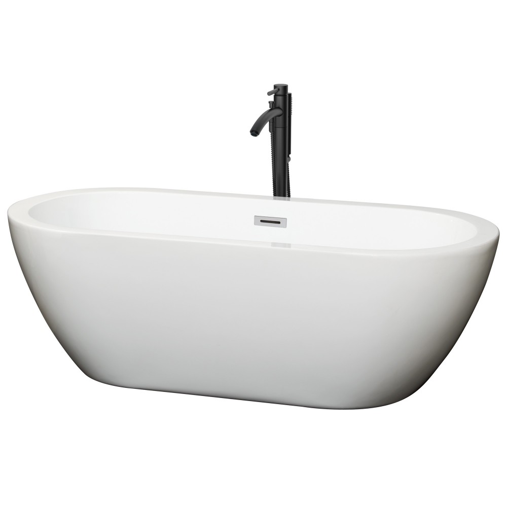 68 Inch Freestanding Bathtub in White, Chrome Trim, Floor Mounted Faucet in Black