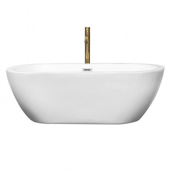 68 Inch Freestanding Bathtub in White, Chrome Trim, Floor Mounted Faucet in Gold
