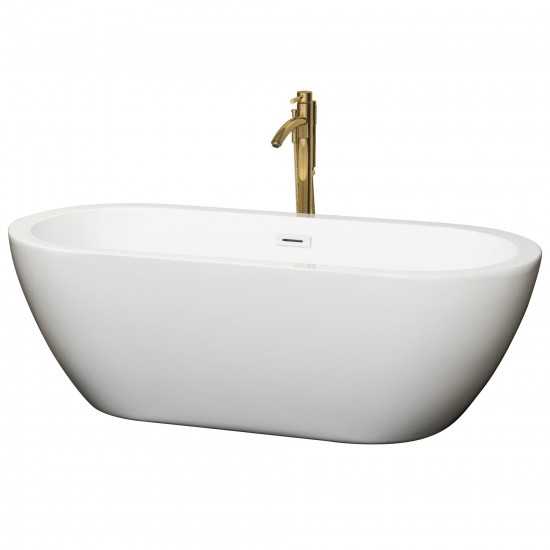 68 Inch Freestanding Bathtub in White, White Trim, Floor Mounted Faucet in Gold