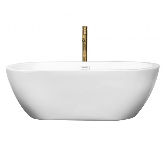 68 Inch Freestanding Bathtub in White, White Trim, Floor Mounted Faucet in Gold